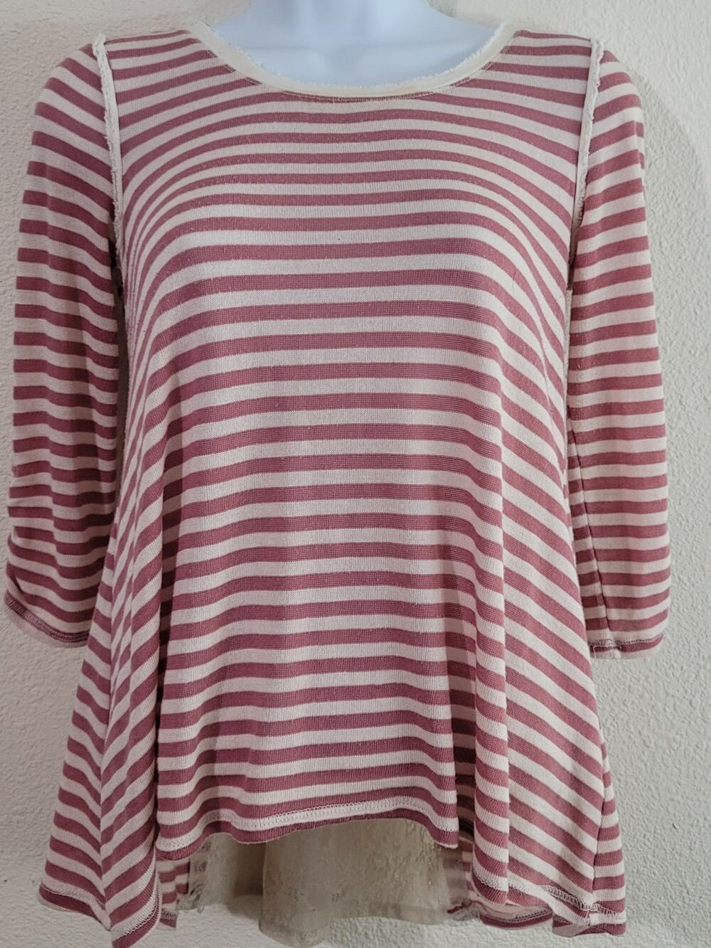 Jolt Pink Striped Hi Low Hem Knit Top XS Lightweight Lace Back Insert Soft Flowy